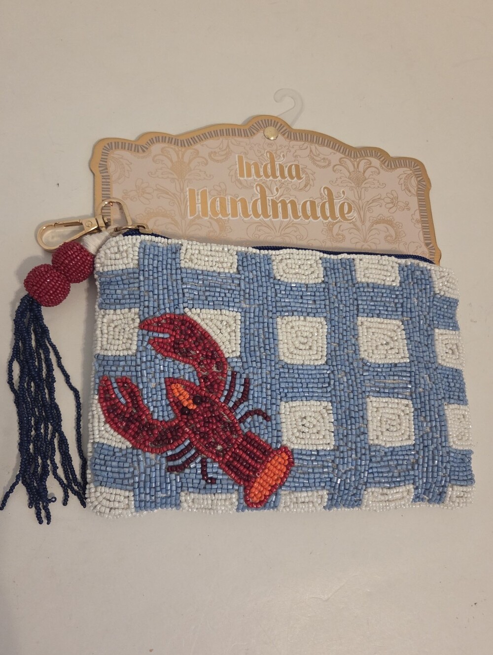 Beaded Lobster Zip Close Coin Purse Clutch Handmade NWT